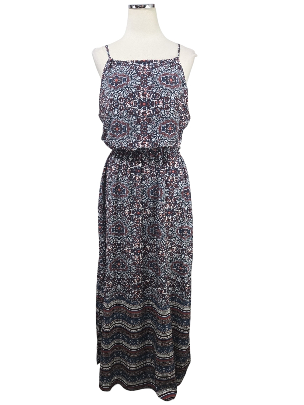 Athleta Island Life Maxi Dress Large Blue Boho Print Wanderluxe Pockets Bra SP17